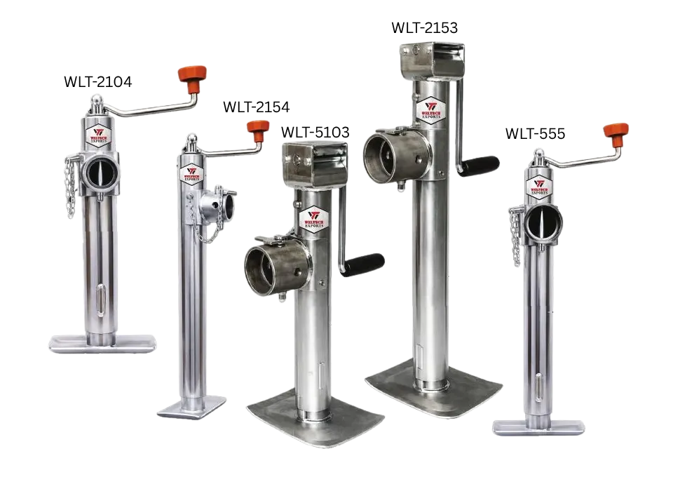 Zinc-plated trailer jacks in top-wind and side-wind styles, including extra-wide-base models.