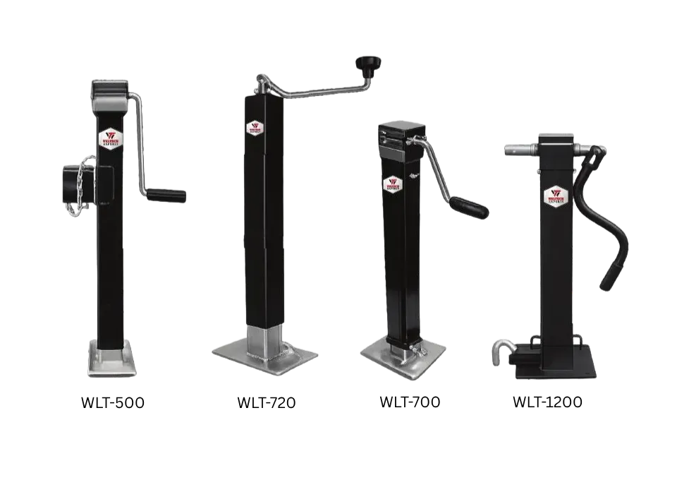 Heavy-duty square-tubing jacks with top-wind or side-wind operation.